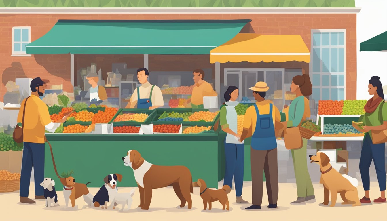 A bustling farmers market stall with colorful displays of fresh, organic pet food. Customers chat with the friendly staff as dogs eagerly sniff the offerings