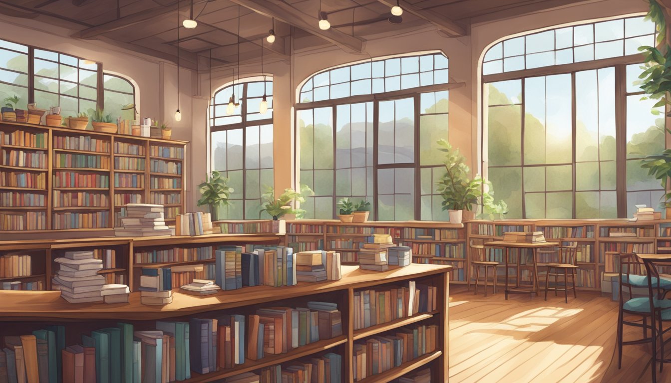 A cozy bookstore cafe in Texas with shelves of books, comfy seating, and natural light streaming in through large windows