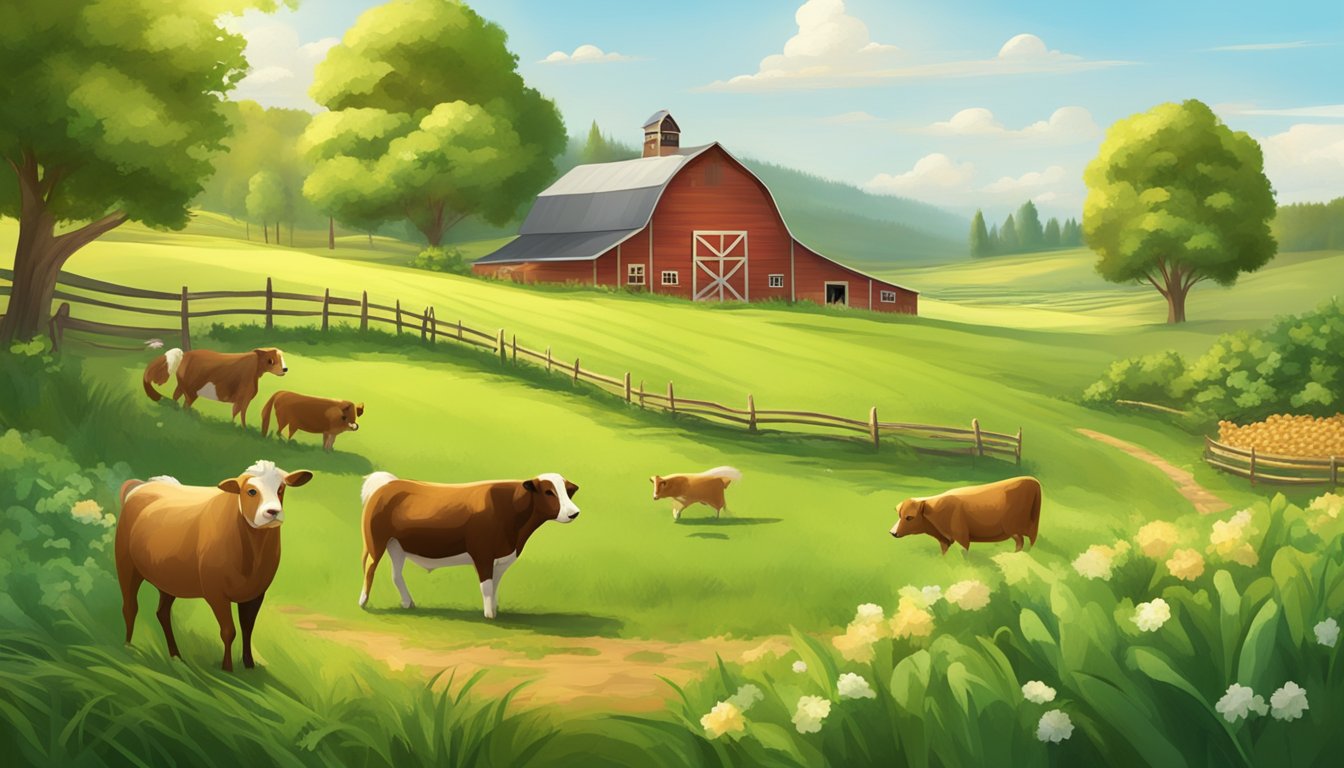 A serene countryside farm with lush green fields and a barn, where happy and healthy animals roam freely, showcasing the natural and organic environment of the pet food production