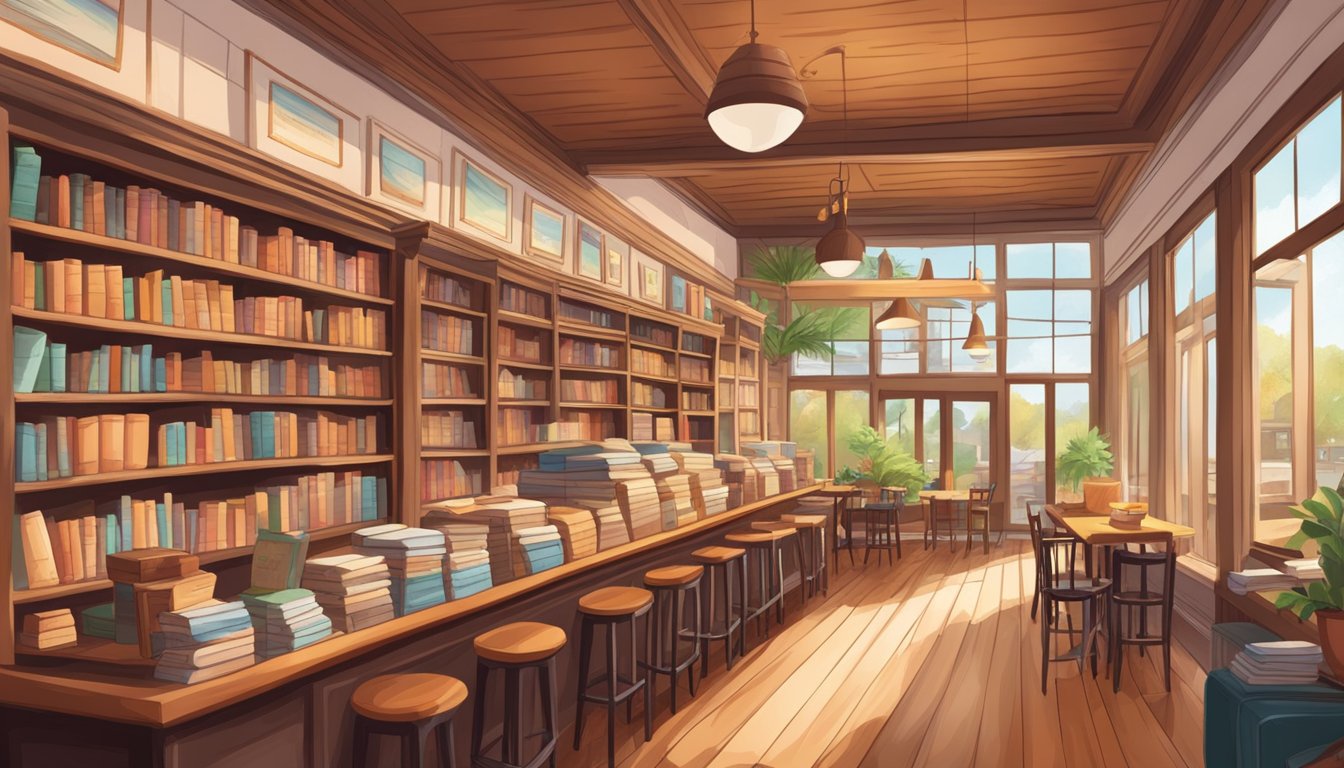 A cozy bookstore cafe in Texas with shelves of books, a warm atmosphere, and the aroma of Mexican Vanilla wafting through the air