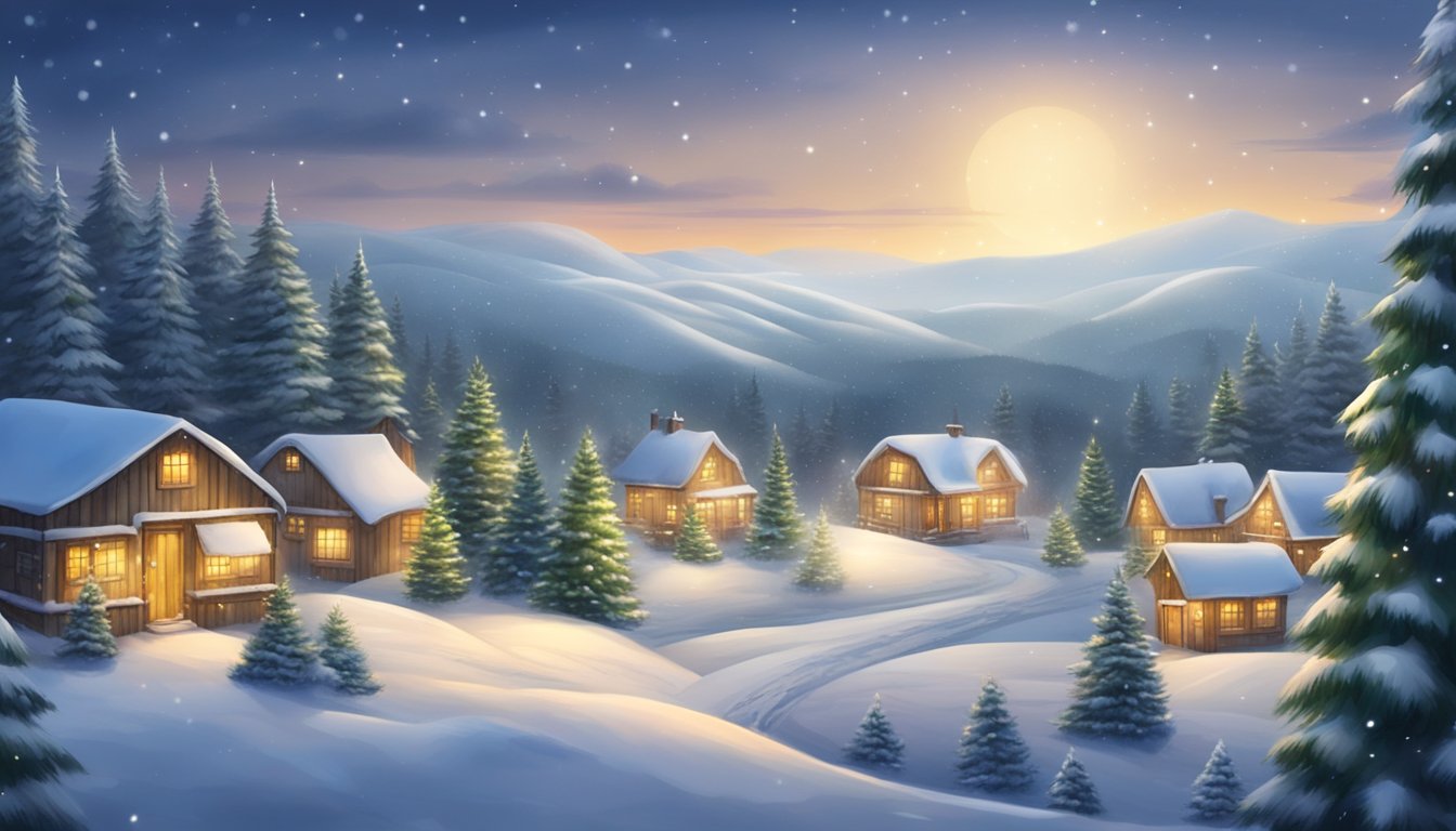 A snowy landscape with four Christmas tree farms nestled among the pine trees, with twinkling lights and colorful decorations