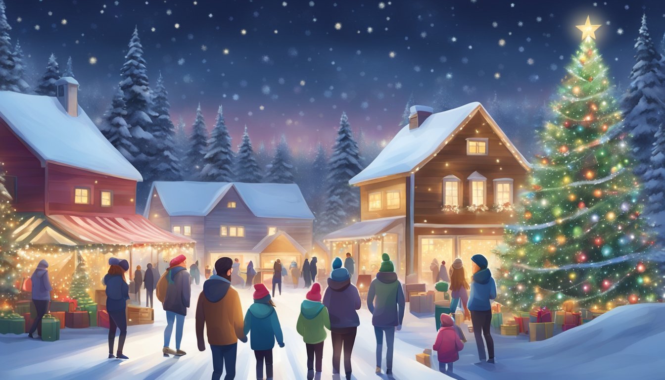 Families browsing trees at a snowy Christmas tree farm, with twinkling lights and a cozy atmosphere