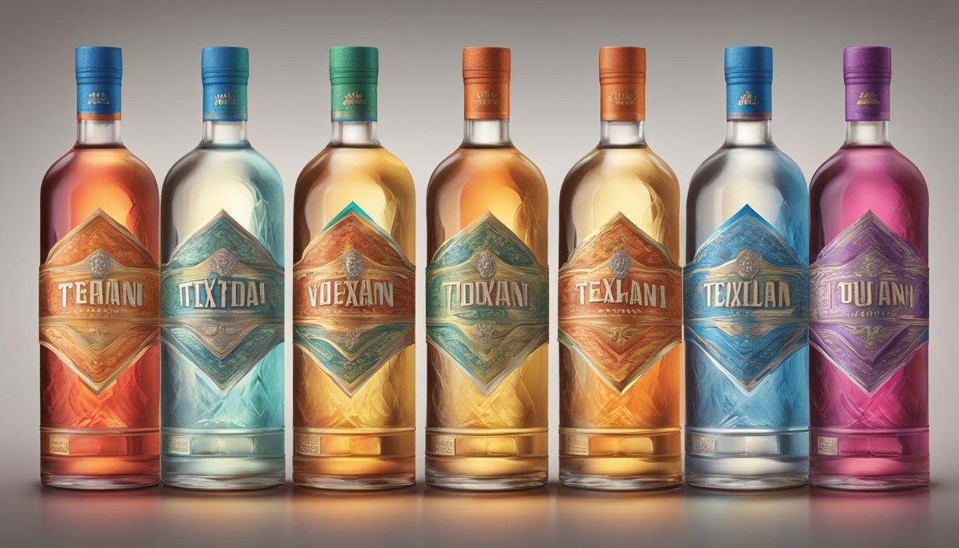 A row of six Texan vodka bottles, each with a fiery, vibrant label, standing in front of a faded Russian vodka bottle