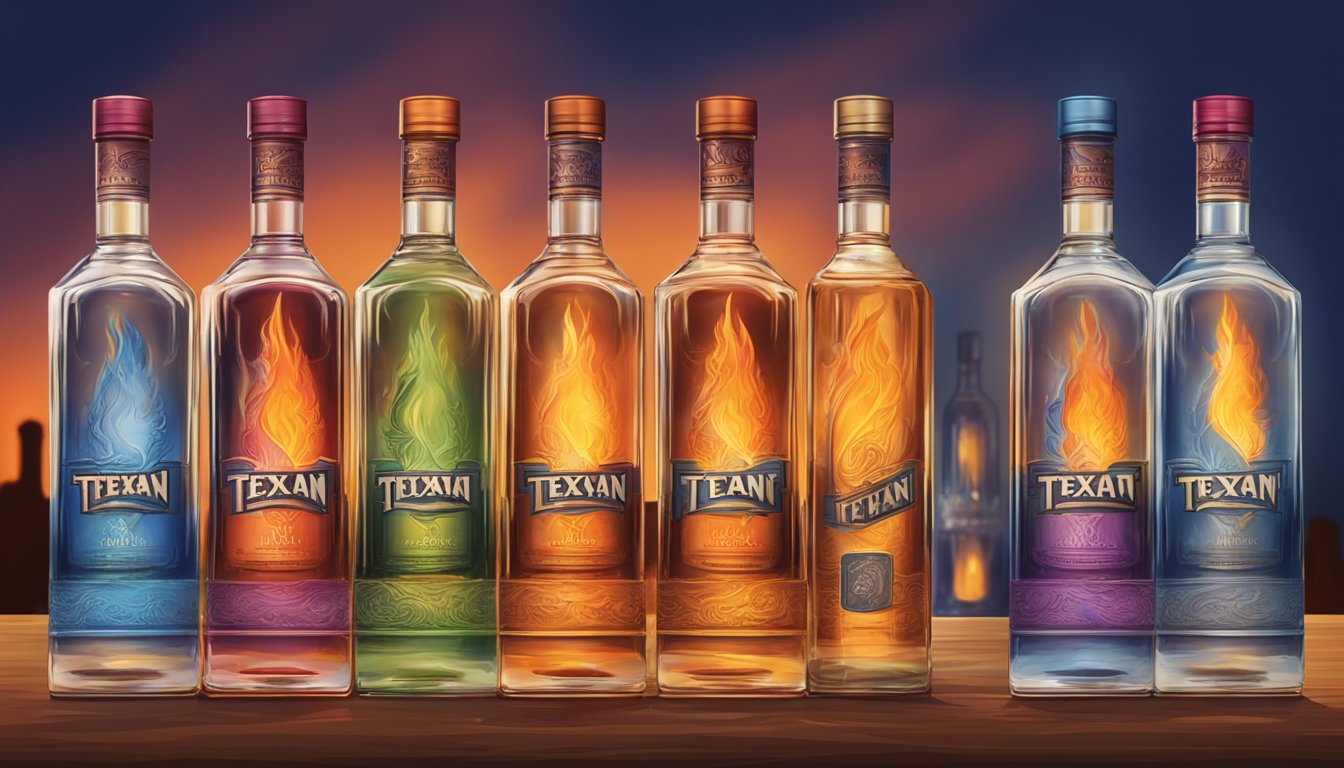 Bottles of Texan vodka lined up, with a fiery background