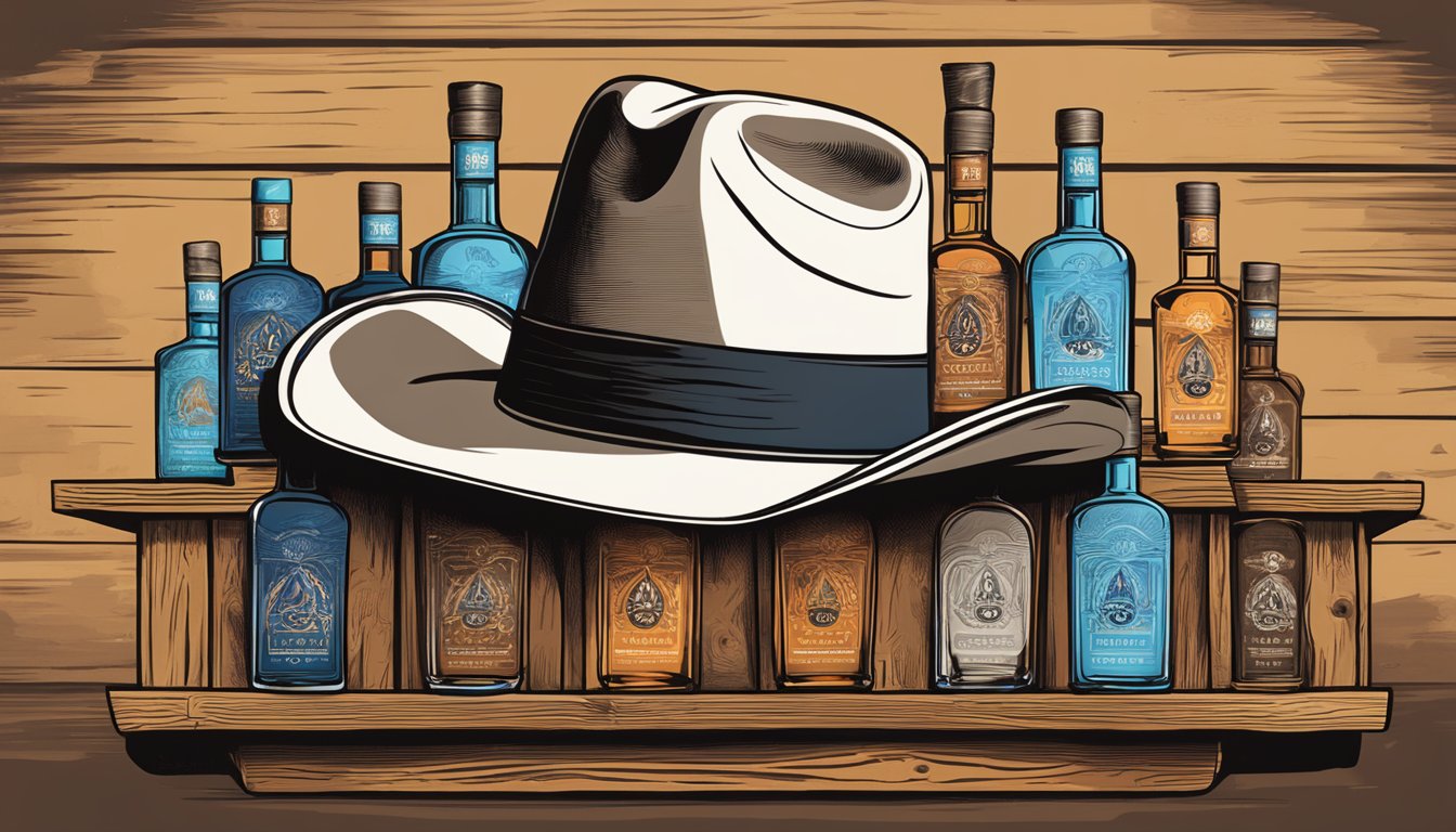 A Texan cowboy hat sits atop a wooden bar, surrounded by six bottles of Western Son Vodka, each labeled with a unique fiery design