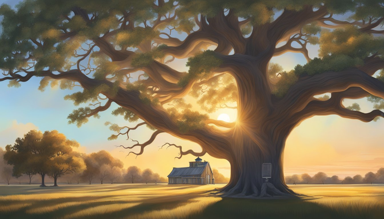 The sun sets behind the iconic Treaty Oak in Waterloo Park, casting a warm glow over the surrounding landscape, including the Old Yaupon Gin distillery