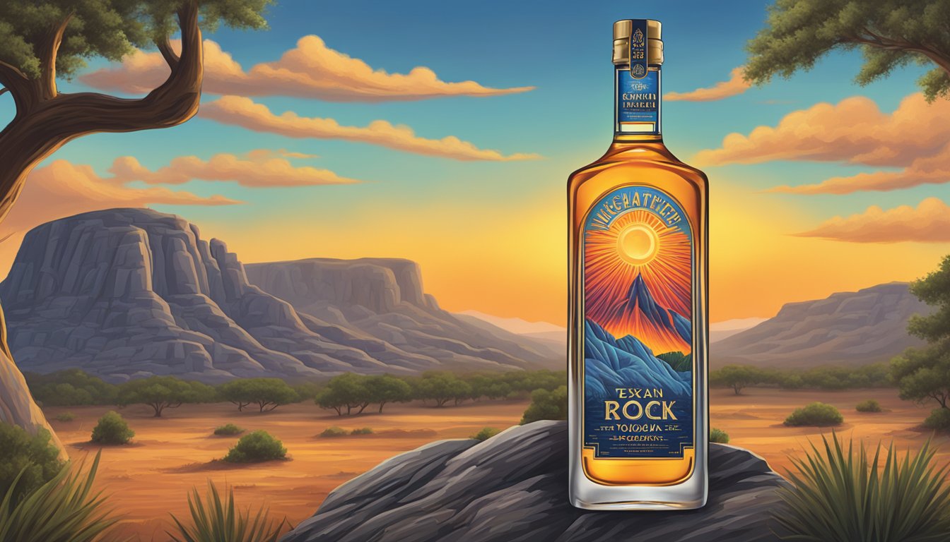 A lone bottle of Enchanted Rock Vodka stands among six Texan vodka bottles, each radiating fiery energy