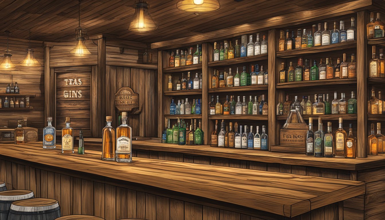 A rustic wooden bar with bottles of Ranger Creek .36 Texas Bourbon and various Texas gins displayed, evoking warmth and comfort