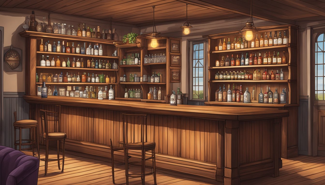 A cozy, rustic bar with shelves of Texas Republic Cherry Vodka and other warm-toned gins, creating a welcoming atmosphere