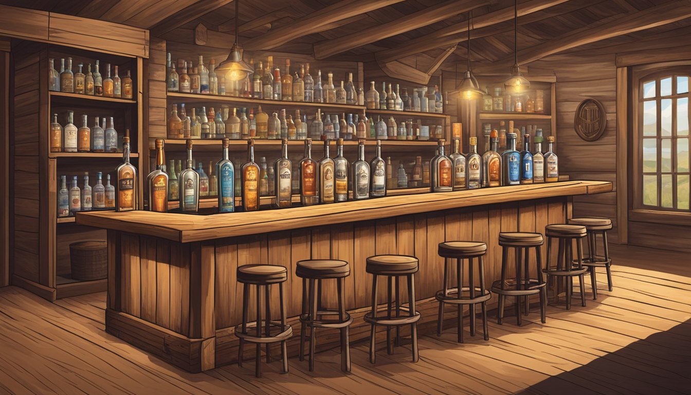 A rustic Texan distillery with six unique vodka bottles displayed on a wooden bar, surrounded by Texas-themed decor and a warm, inviting atmosphere