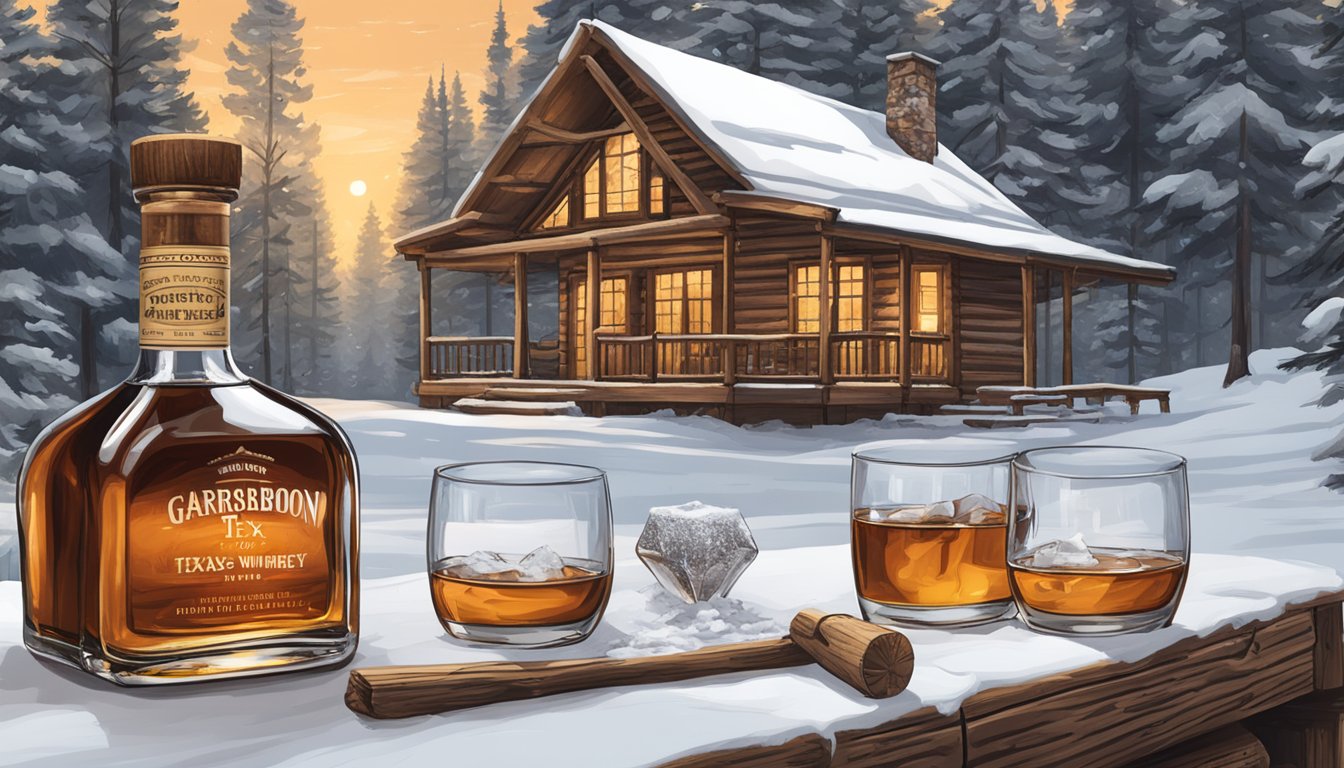 A cozy cabin with a crackling fire, surrounded by snow-covered pine trees, with a bottle of Garrison Brothers Texas Straight Bourbon Whiskey and glasses on a wooden table