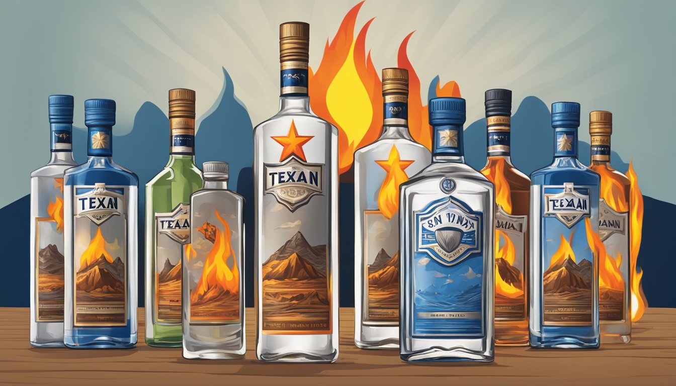 A lone star flag waving over six bottles of Texan vodka, surrounded by flames