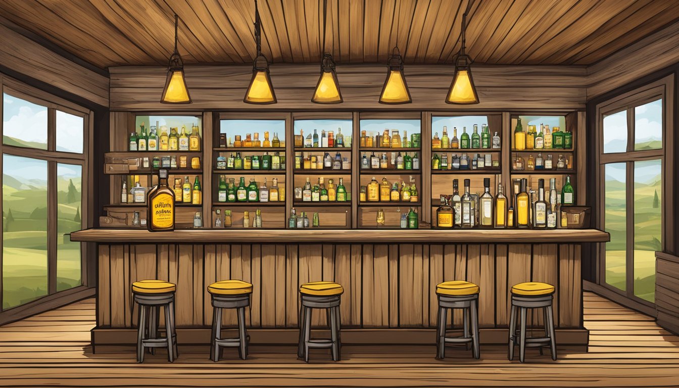 A rustic wooden bar with a bottle of Yellow Rose Outlaw Bourbon and Texas gins on display, evoking a warm and inviting atmosphere