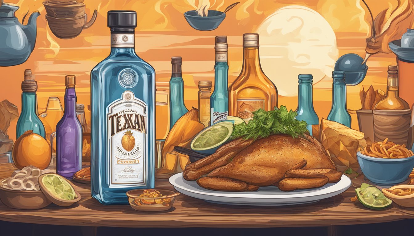 A Texan vodka bottle surrounded by Texan cuisine dishes, with flames in the background