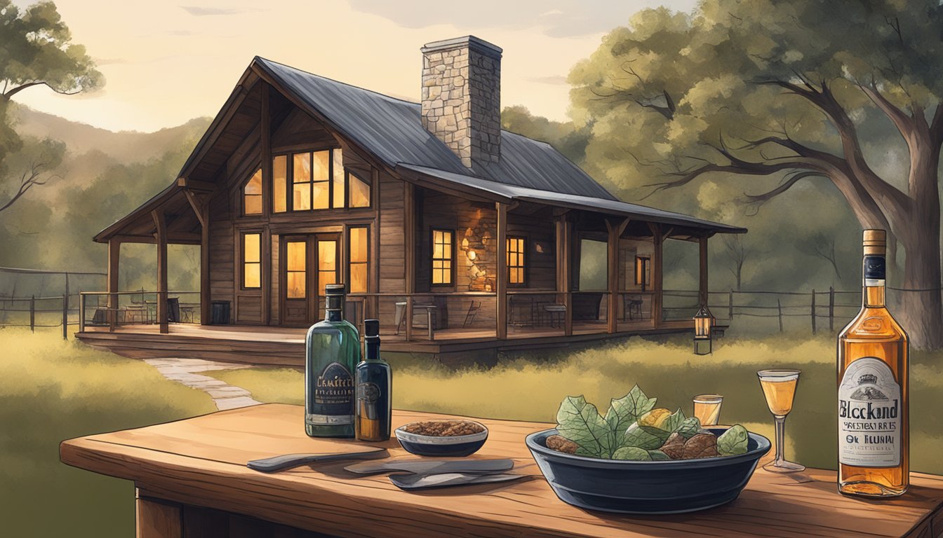 A cozy, rustic cabin in the Texas Hill Country, with a crackling fire and a bottle of Blackland Gin on the table