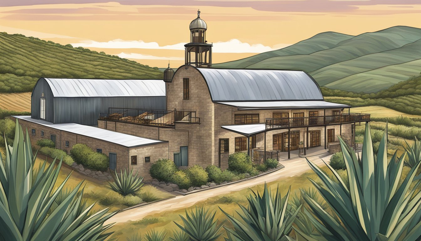 The Tequila 512 Blanco distillery in Travis County, surrounded by rolling hills and agave plants, produces the finest spirits