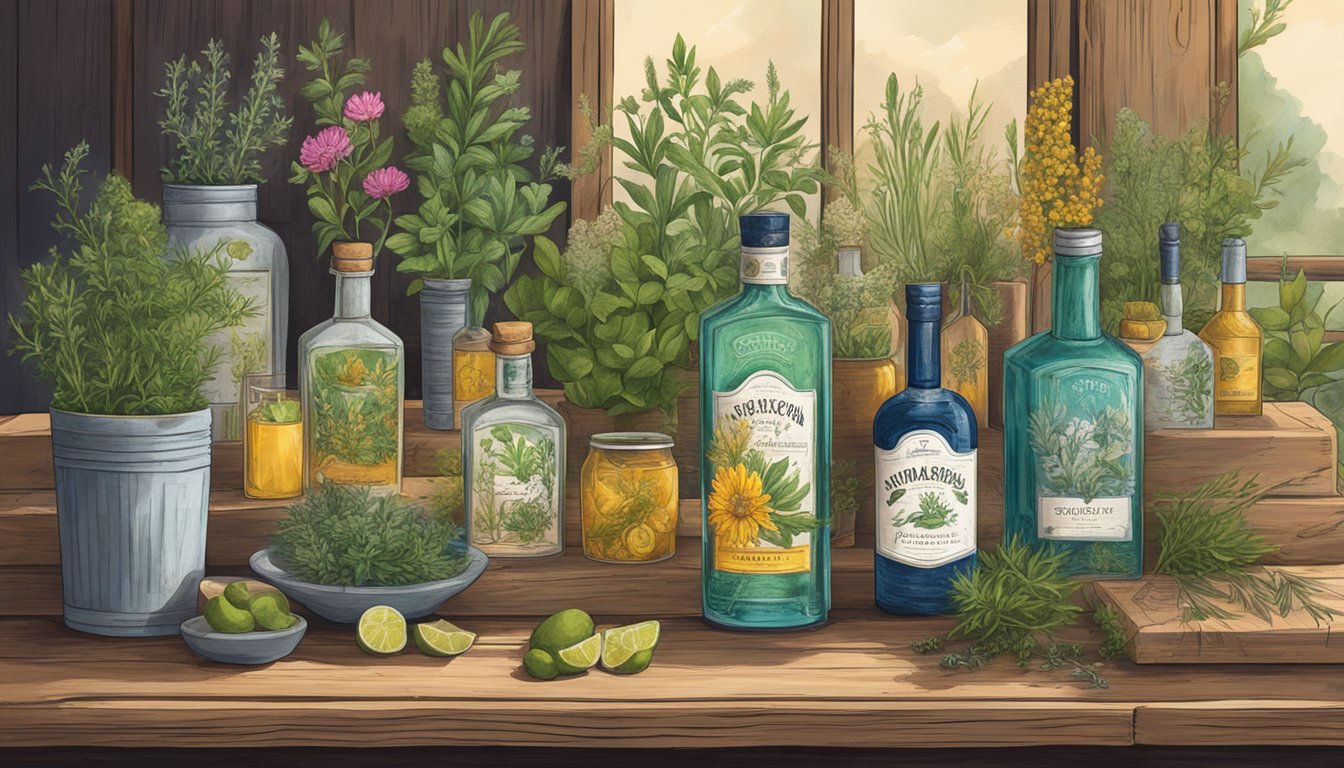 A rustic wooden table adorned with vibrant Texas botanicals and herbs, surrounded by bottles of premium gin