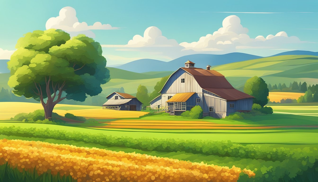 Lush green fields and colorful crops surround a rustic farmhouse. A clear blue sky and warm sunlight bathe the serene organic farm