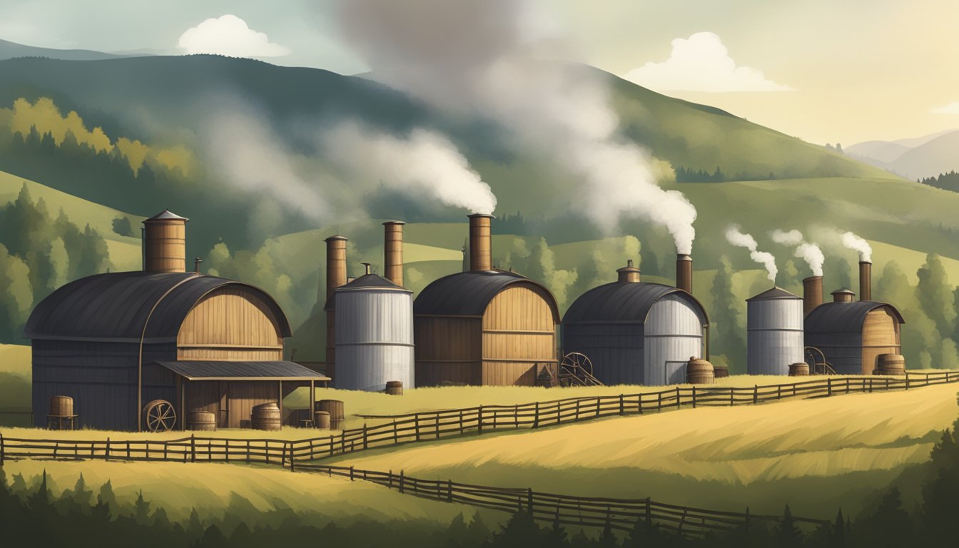 A row of rustic distillery buildings nestled among rolling hills, with smoke rising from the chimneys and barrels stacked outside