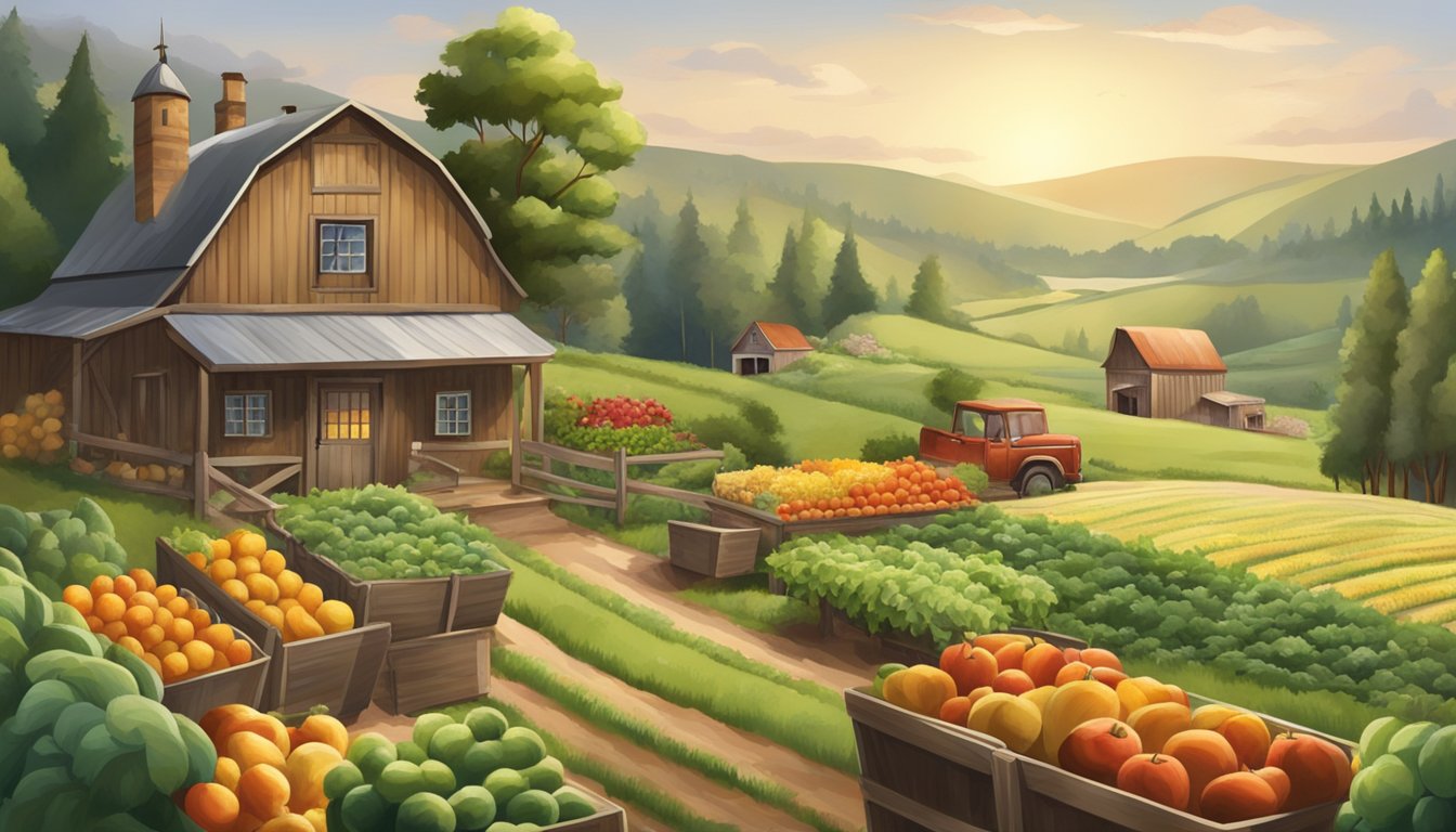 A rustic farm scene with fresh produce, a farmhouse, and natural surroundings