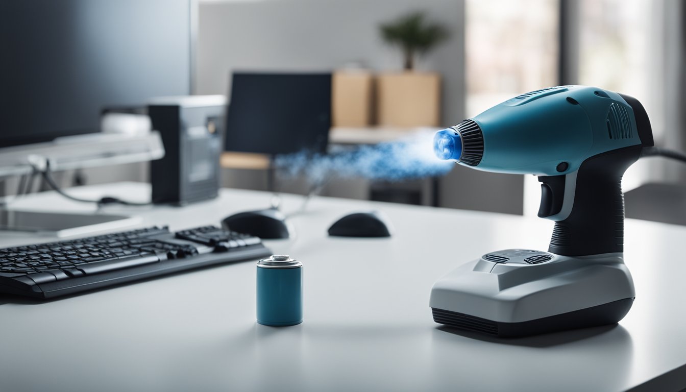 An electric air duster and a compressed air can sit side by side on a clean, white table, surrounded by scattered computer parts and dust