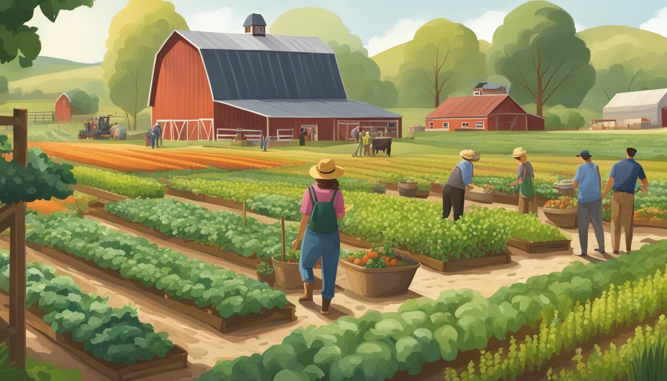 Lush farm setting with rows of crops, a rustic barn, and people attending gardening classes