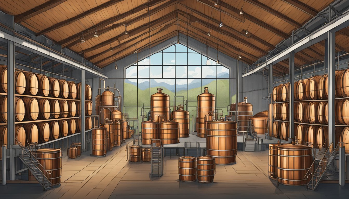 A modern distillery in Travis County showcases cutting-edge distilling techniques and innovations, with rows of gleaming copper stills and barrels aging the finest spirits