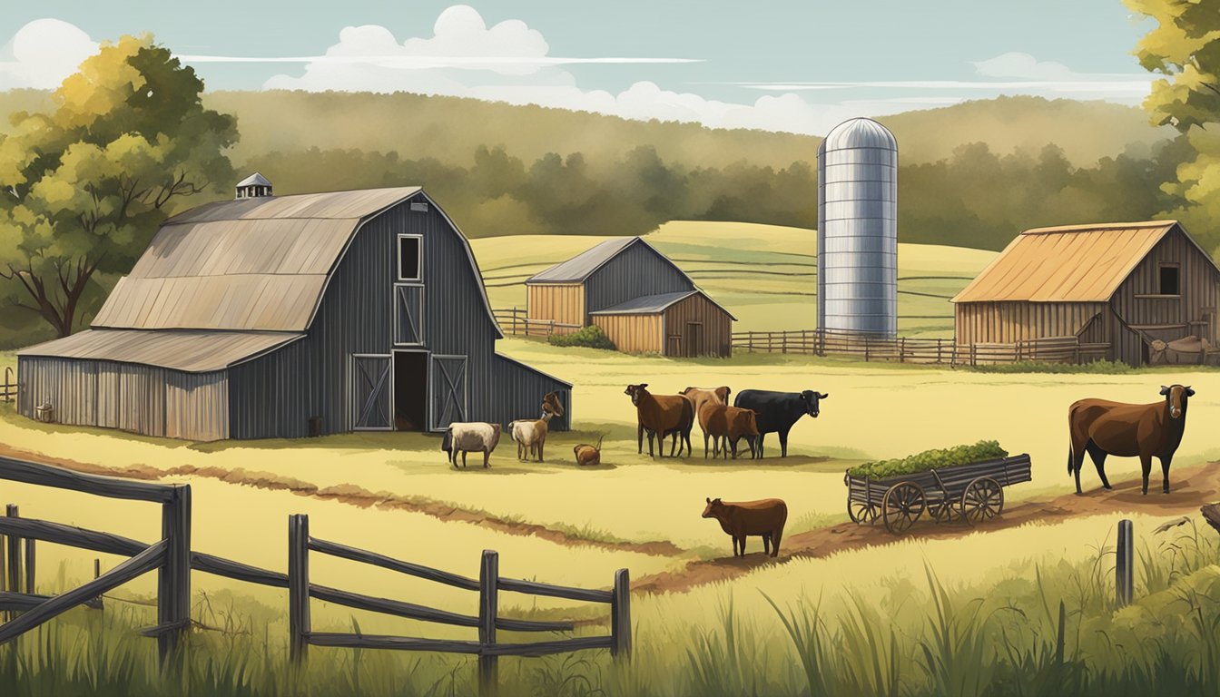 A rustic farm scene with fields, barns, and animals. Students work the land and learn sustainable farming practices in the Texas wilderness