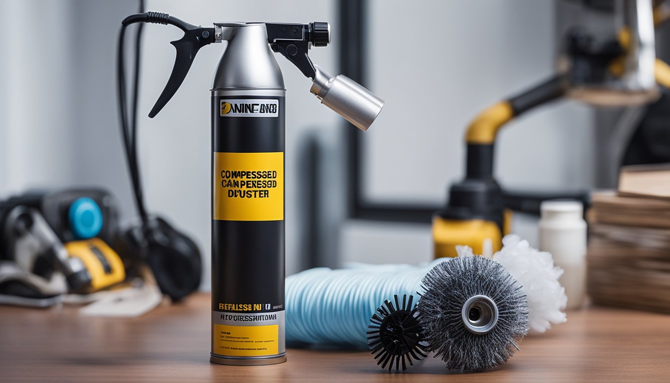 A compressed air can sits next to an electric air duster on a clean, clutter-free desk. The can is labeled with safety warnings and instructions