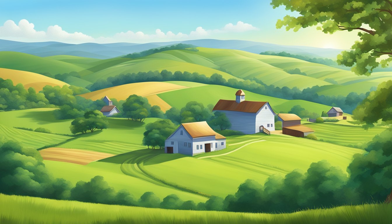 A serene farm landscape with rolling hills, green pastures, and a clear blue sky, showcasing the beauty and tranquility of nature as a teacher