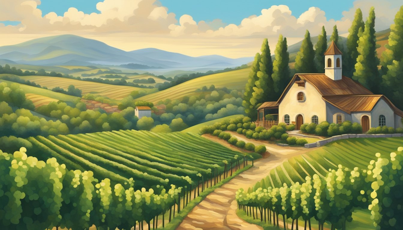 Rolling hills of vineyards surround a rustic winery with a backdrop of blue skies and fluffy white clouds. A winding path leads through the picturesque landscape