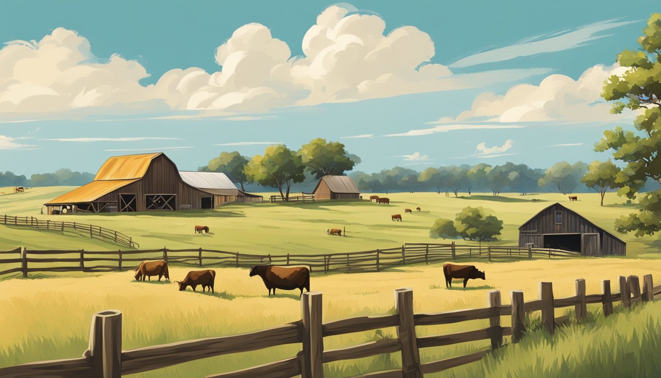 A rustic Texas farm scene with rolling fields, a barn, and animals grazing, under a big blue sky