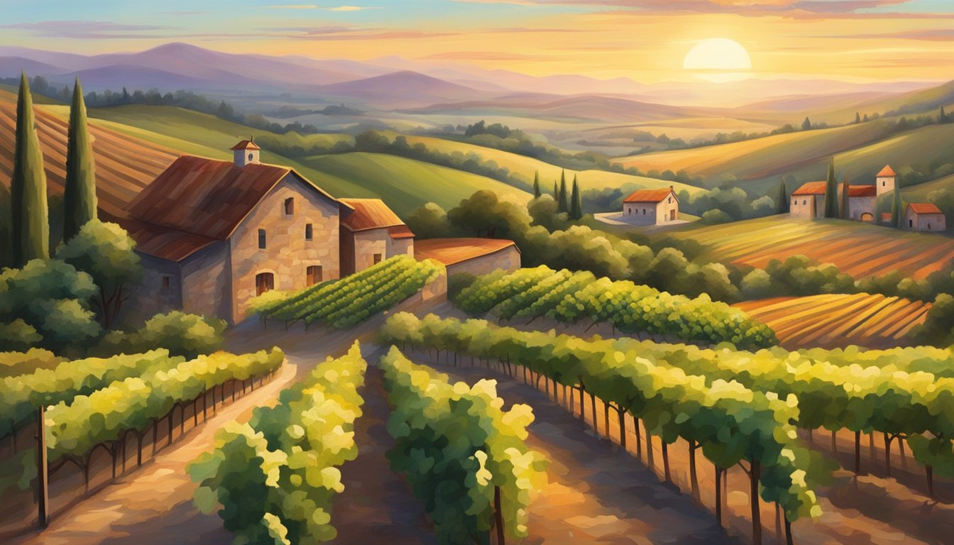 Rolling hills of vineyards extend to the horizon, with a rustic winery nestled among the rows of grapevines. The sun sets behind the picturesque scenery, casting a warm glow over the landscape