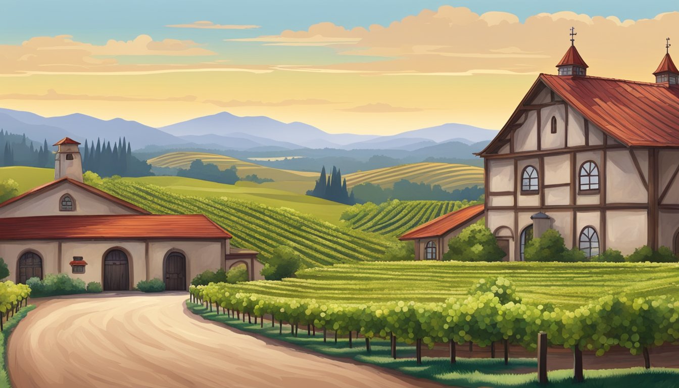 Rolling vineyard hills surround a rustic winery building with a red-tiled roof. A winding road leads to the entrance, where visitors can enjoy wine tastings and scenic views