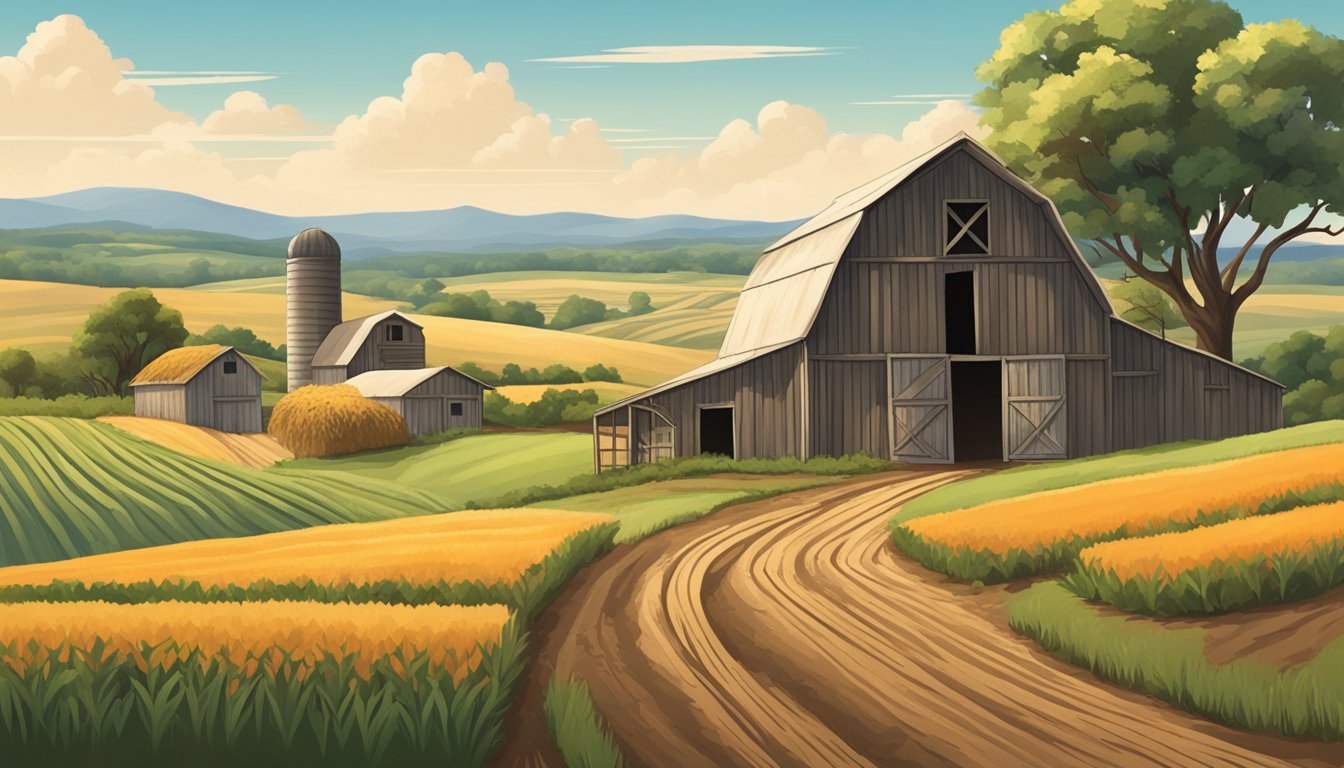 A rustic farm landscape with rolling hills, a weathered barn, and fields of crops under a bright Texas sky