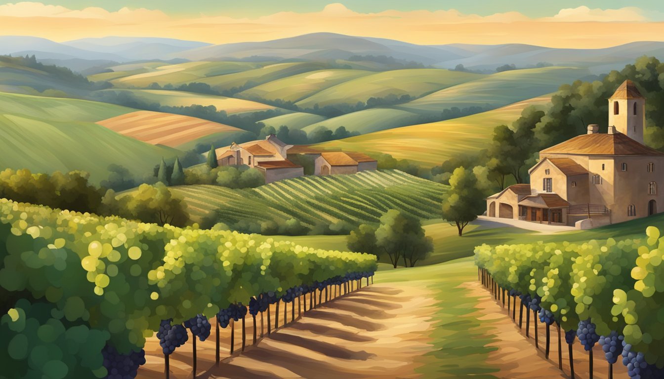 Rolling hills covered in vineyards, leading to a rustic winery with a grand tasting room and outdoor patio overlooking the picturesque countryside