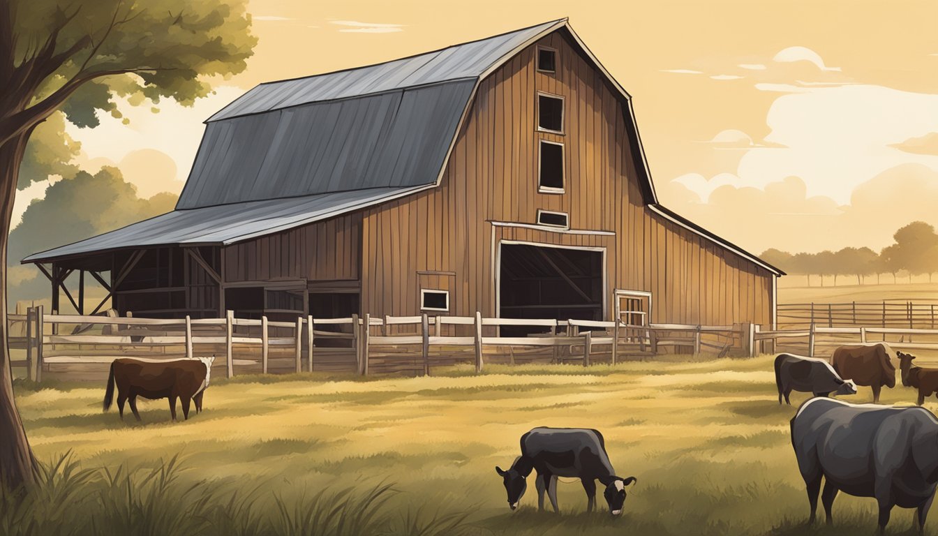 A rustic Texas farm scene with a barn, fields, and animals