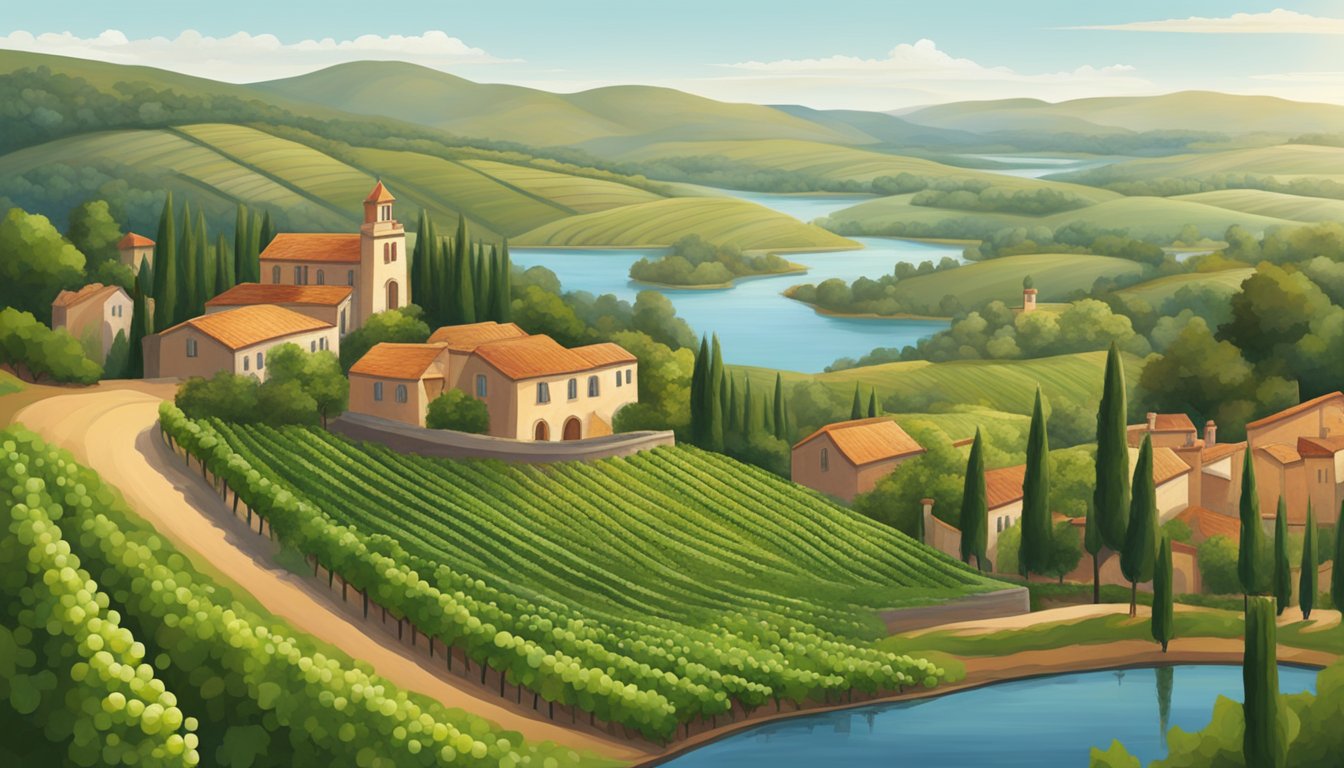 Rolling hills of vineyards overlook a tranquil lake. Terra cotta buildings dot the landscape, surrounded by lush greenery and rows of grapevines