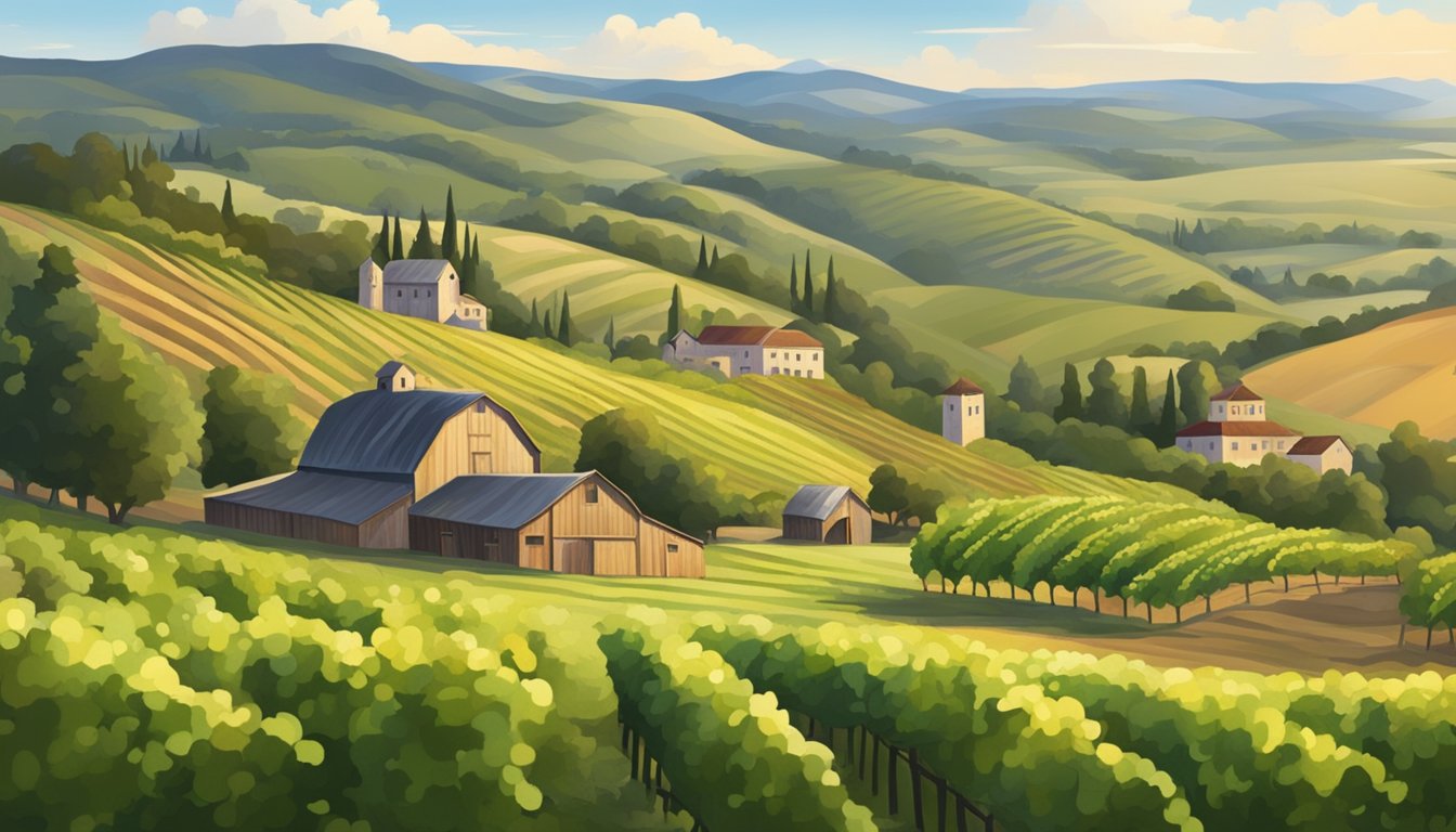 Rolling hills, lush vineyards, and a charming winery nestled in the countryside. A serene setting with a rustic barn and a peaceful atmosphere