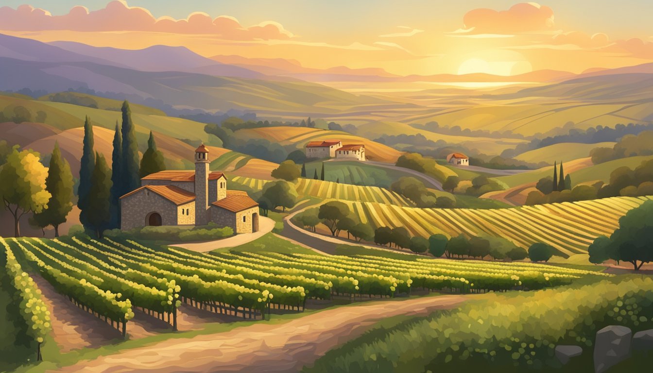 Rolling hills of vineyards surround a rustic stone winery, with a winding path leading to the entrance. A warm sunset casts a golden glow over the scene