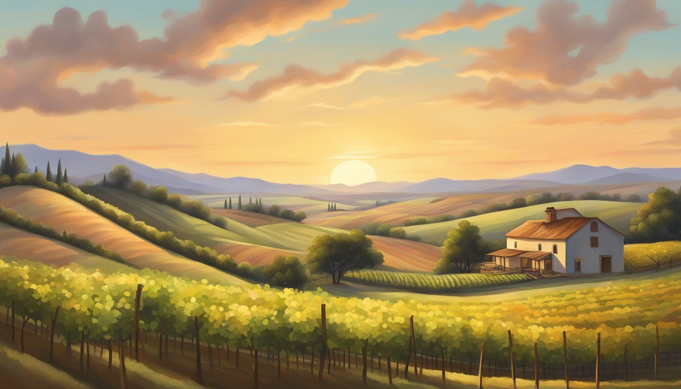 Rolling hills of vineyards stretch to the horizon, framed by a rustic farmhouse and a quaint winery, all basking in the warm glow of the setting sun