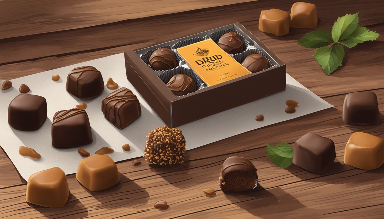 A box of Druid Chocolates Bourbon Caramel Truffles sits on a rustic Texan table, surrounded by scattered chocolate pieces and caramel drizzles