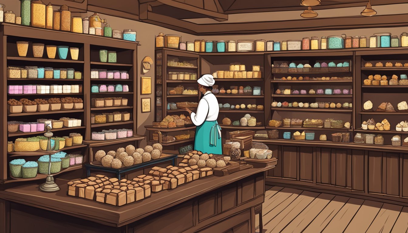 A rustic Texan chocolate shop with shelves of Wiseman House Wild Woman Truffles, inviting customers to indulge in the splurge-worthy treats