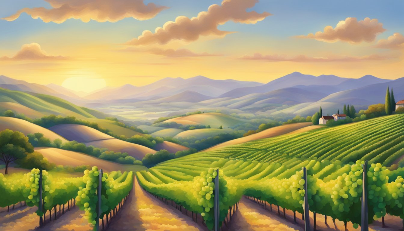 Rolling hills of vineyards bask in the warm sunlight, framed by a backdrop of towering mountains. A gentle breeze carries the scent of ripening grapes through the air