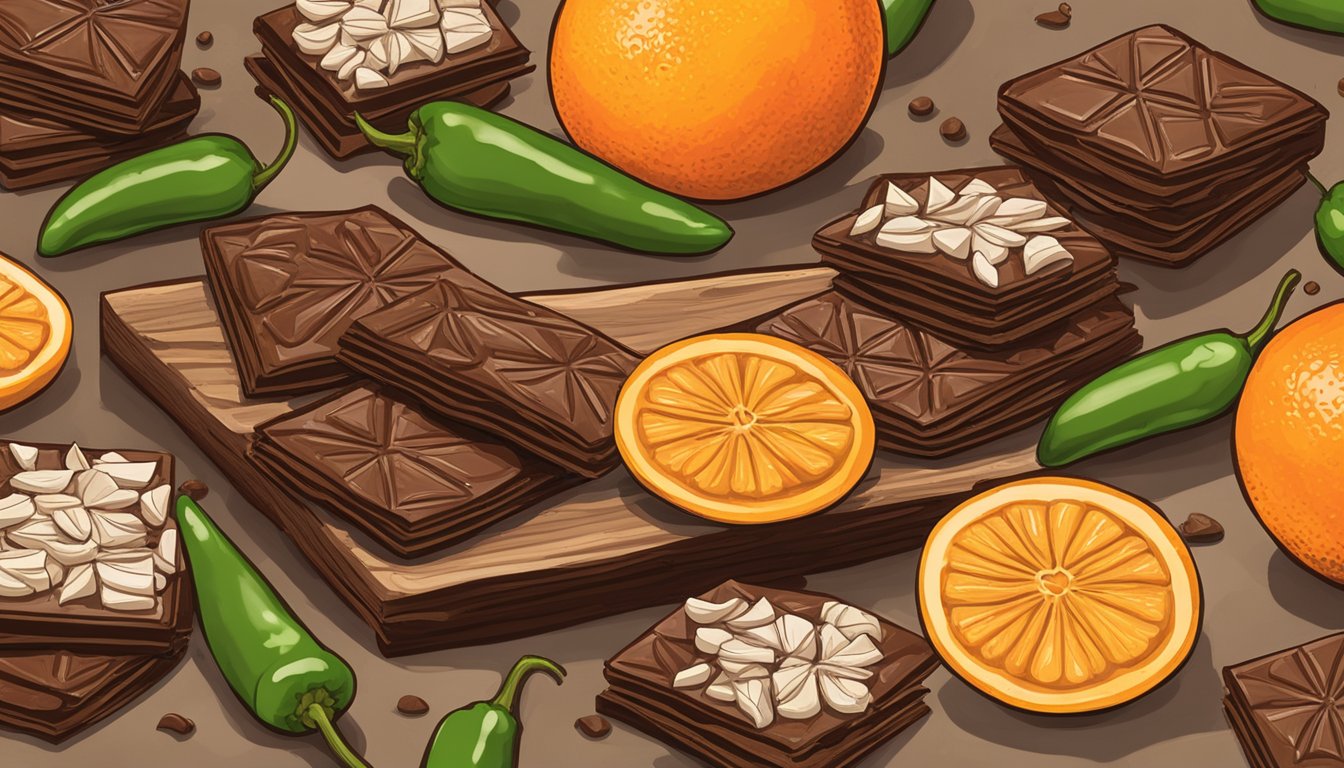 A rustic wooden table displays a pile of Kellie's Kandies Orange Jalapeño Bark chocolates, surrounded by scattered orange slices and jalapeño peppers