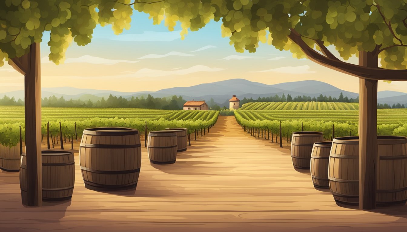 A picturesque vineyard with rows of grapevines stretching into the distance, a rustic tasting room with wooden barrels and wine bottles on display