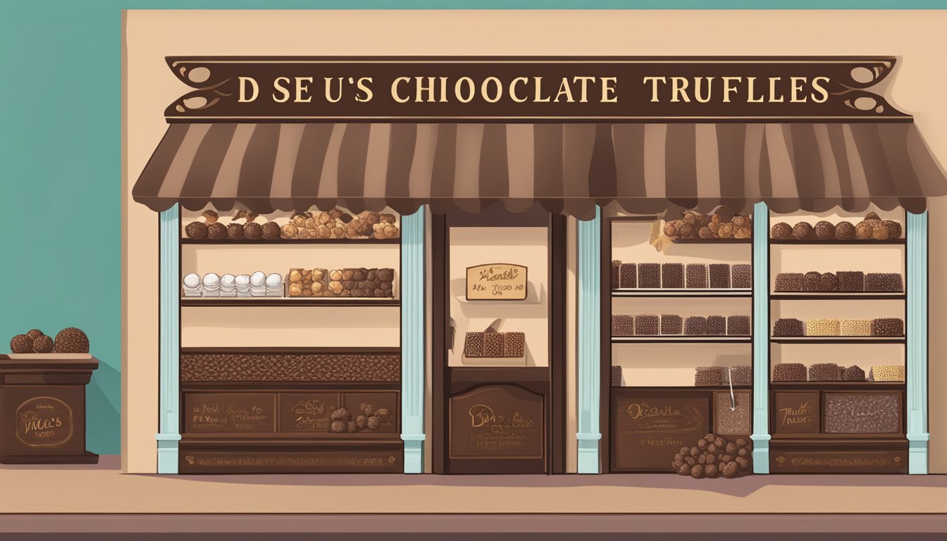 A rustic Texan chocolate shop with shelves of decadent truffles and a sign for Dr. Sue's Chocolate Molé Truffles