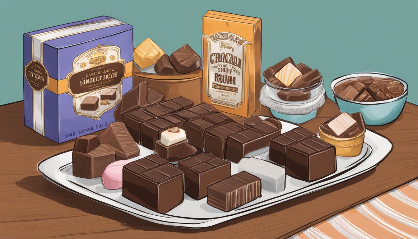 A display of Texan chocolates, including Sweet Shop USA Rum Raisin Fudge, arranged in an enticing and luxurious manner