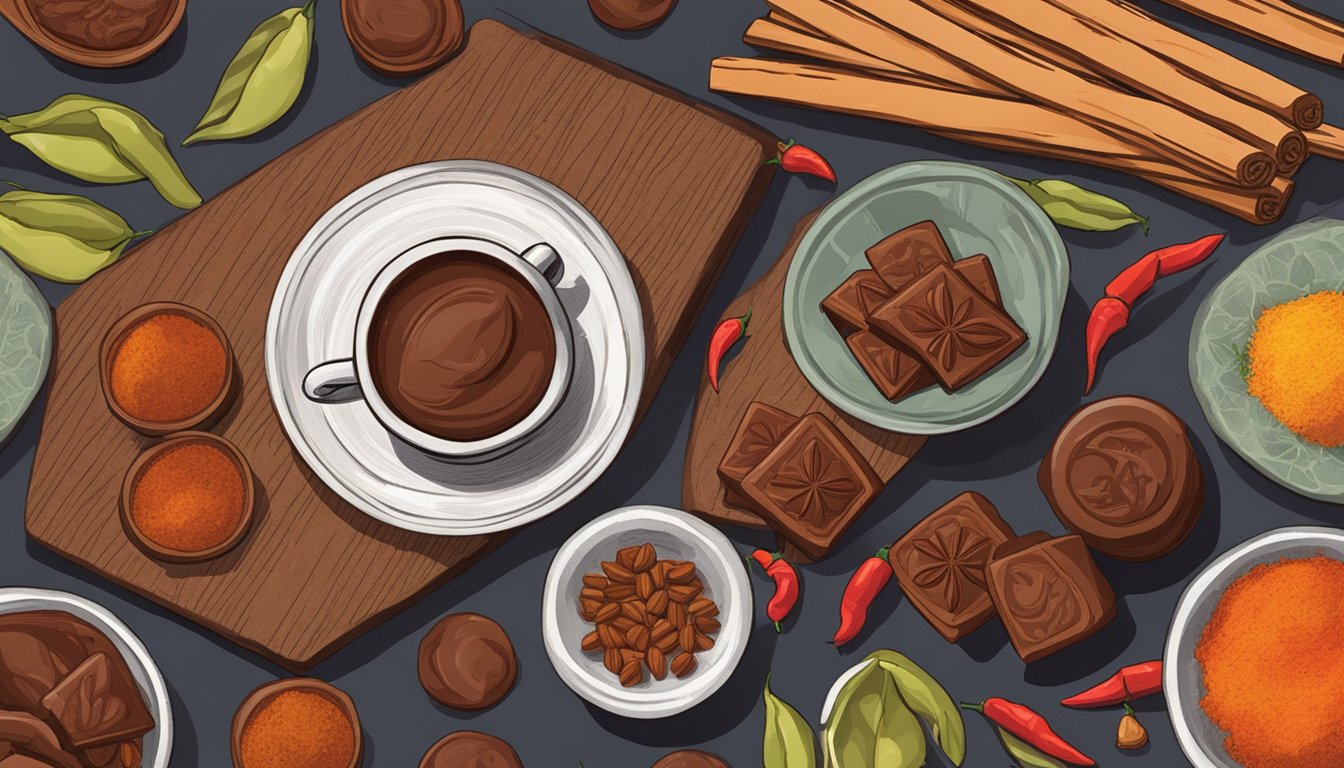 A rustic wooden table with a plate of Araya Artisan Chocolates Spicy Maya Texan chocolates, surrounded by scattered chili peppers and cinnamon sticks