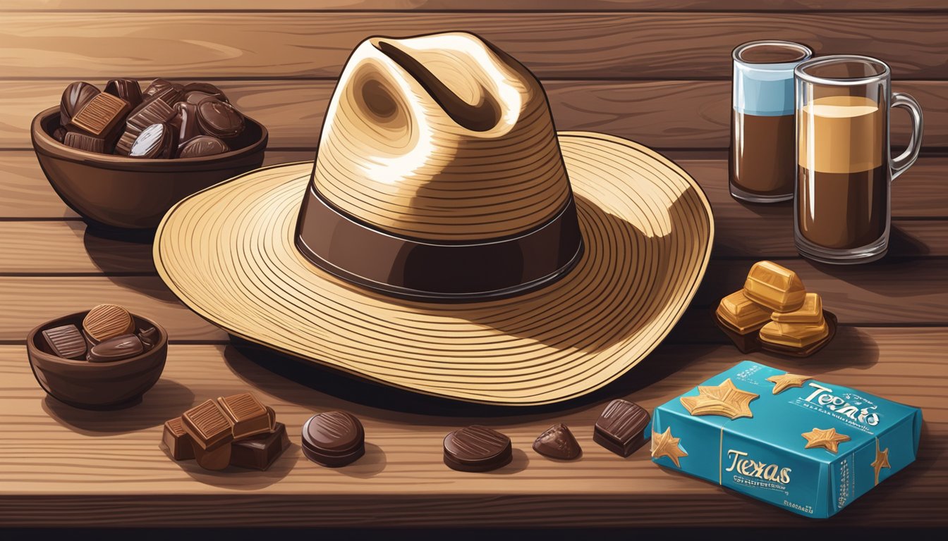 A cowboy hat rests on a wooden table surrounded by a selection of Texas chocolates, each with a unique flavor profile